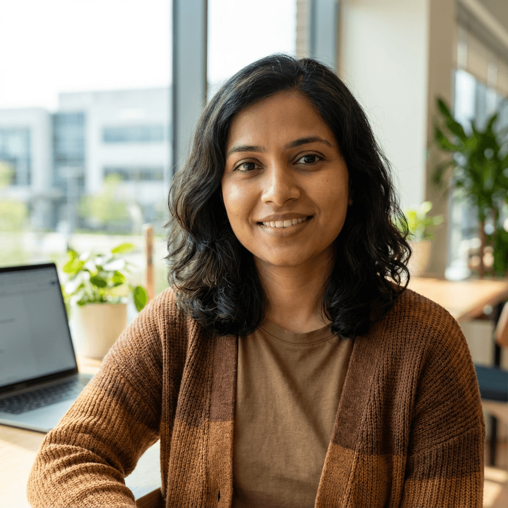 Priya Nair, logistics coordinator, reviewing shipment schedules at her desk