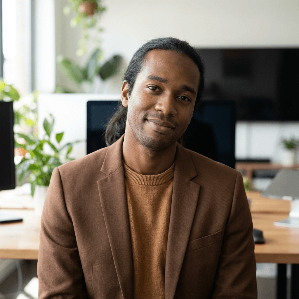 Daniel Okafor in a warehouse, professional attire, logistics environment