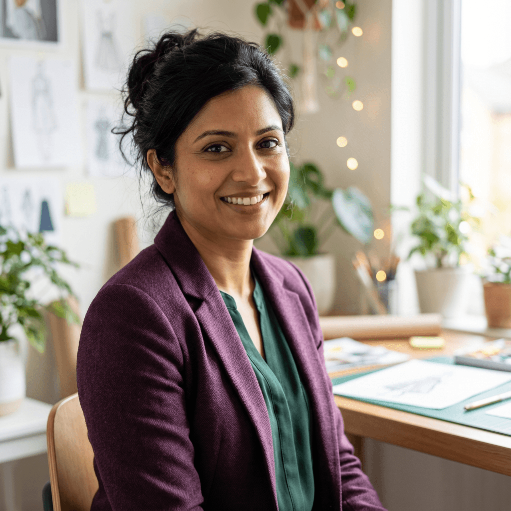 Priya Sharma in a blazer in a modern office