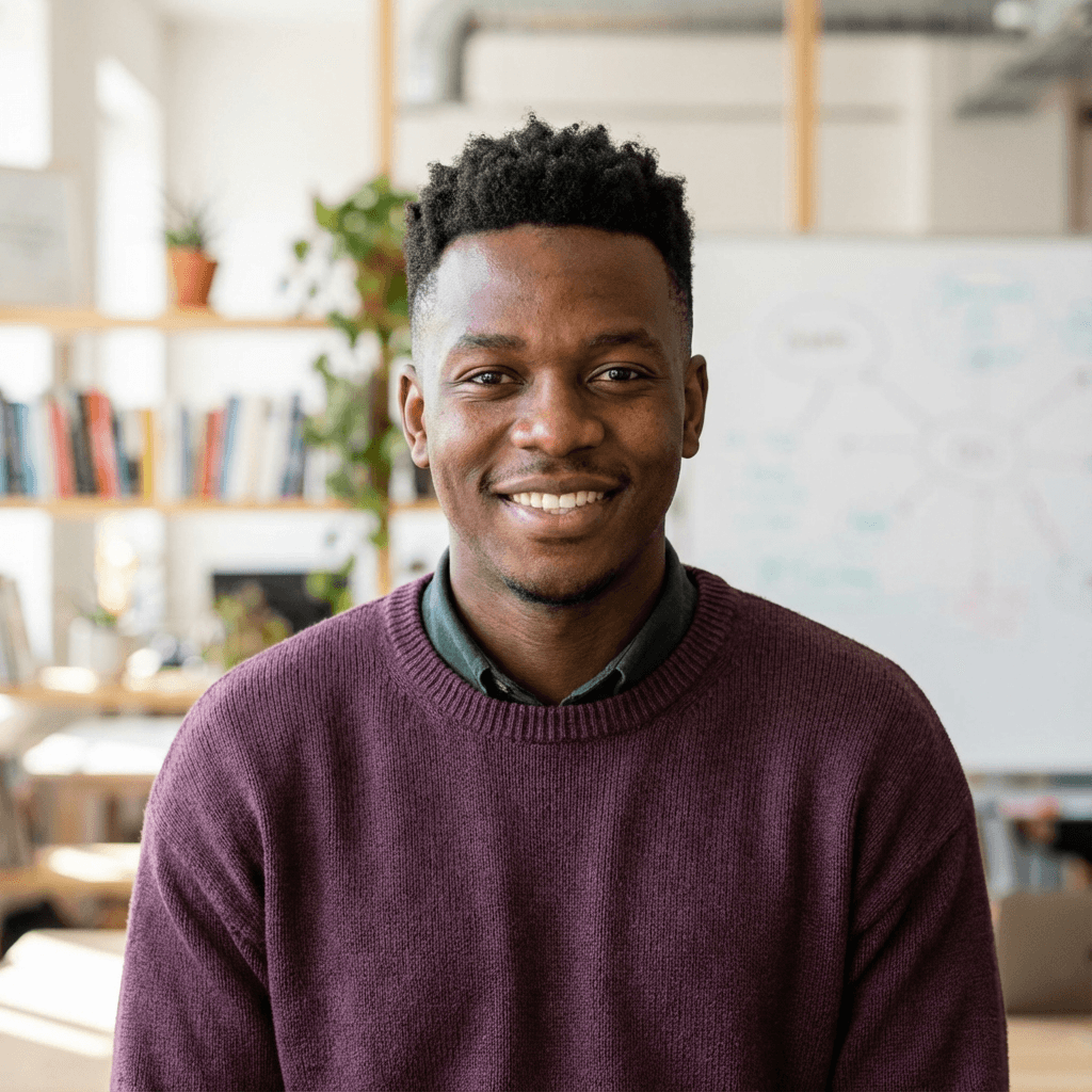 Daniel Okafor in business casual attire in a warehouse