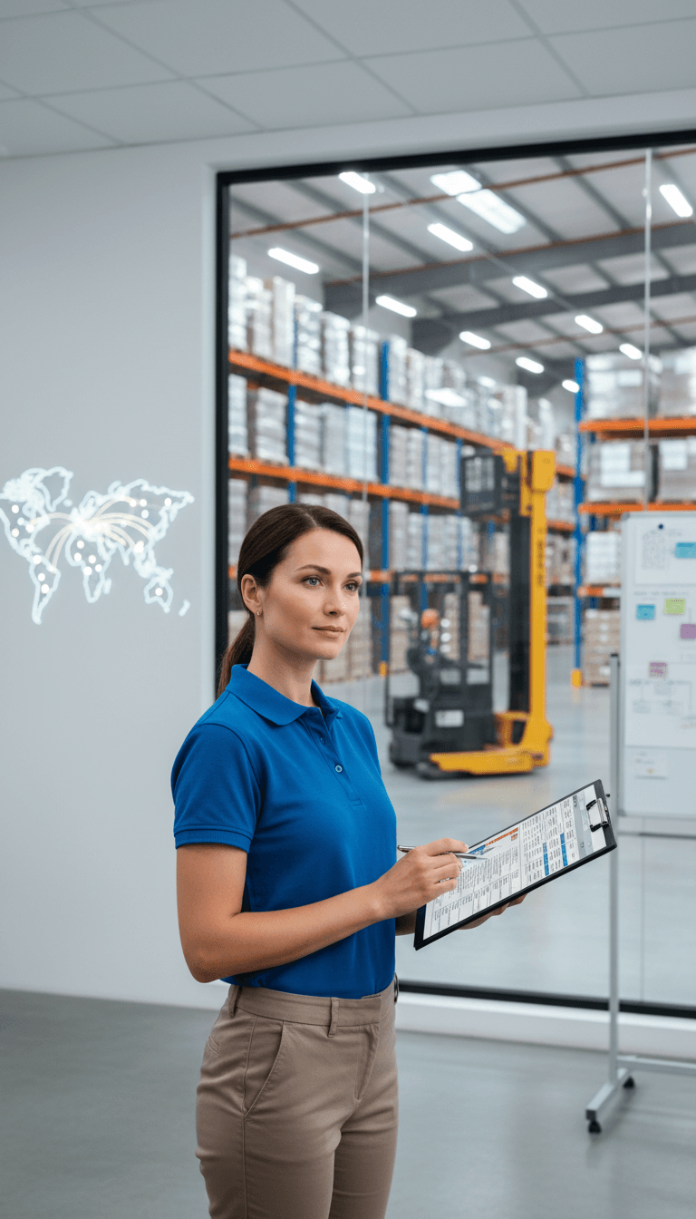 Logistics coordinator reviewing a shipment schedule in a warehouse