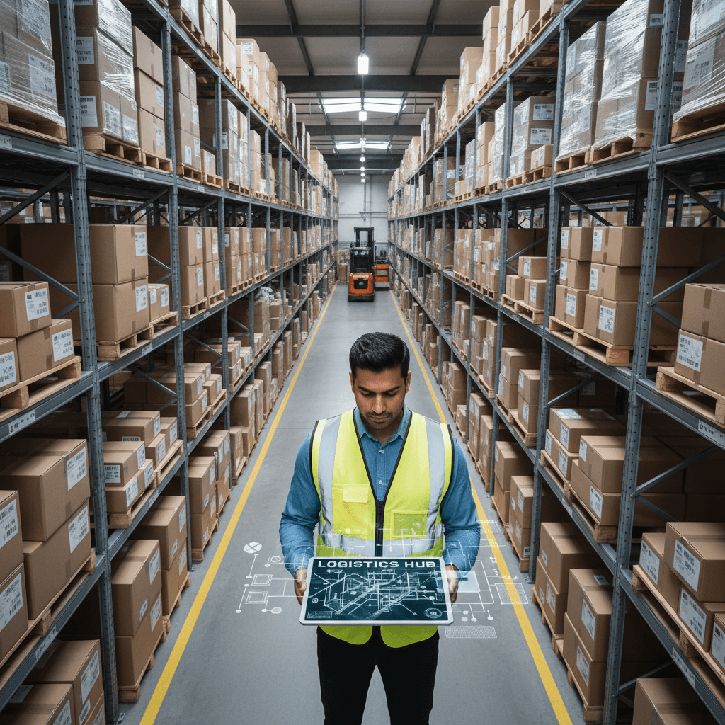 Warehouse staff member with a tablet tracking cargo shipments on the floor