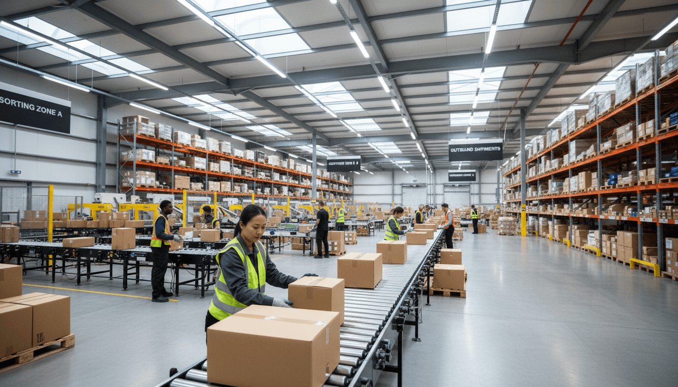 Supply chain logistics operation with workers moving goods in a distribution center