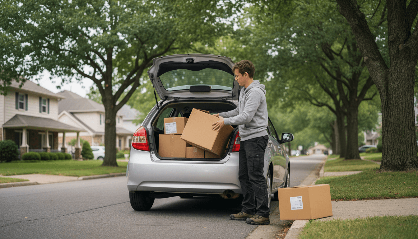 Delivery driver loading packages into a cargo van in an urban setting
