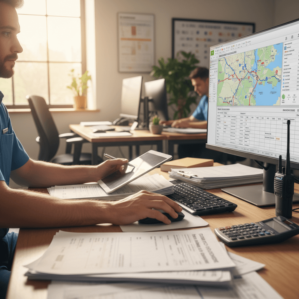 Professional logistics coordinator reviewing a delivery schedule in a bright office
