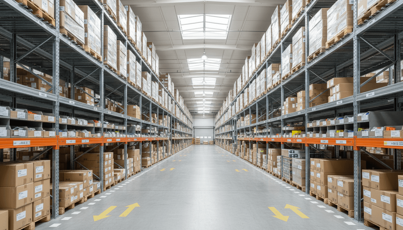 Organized warehouse interior with stacked pallets and industrial shelving.